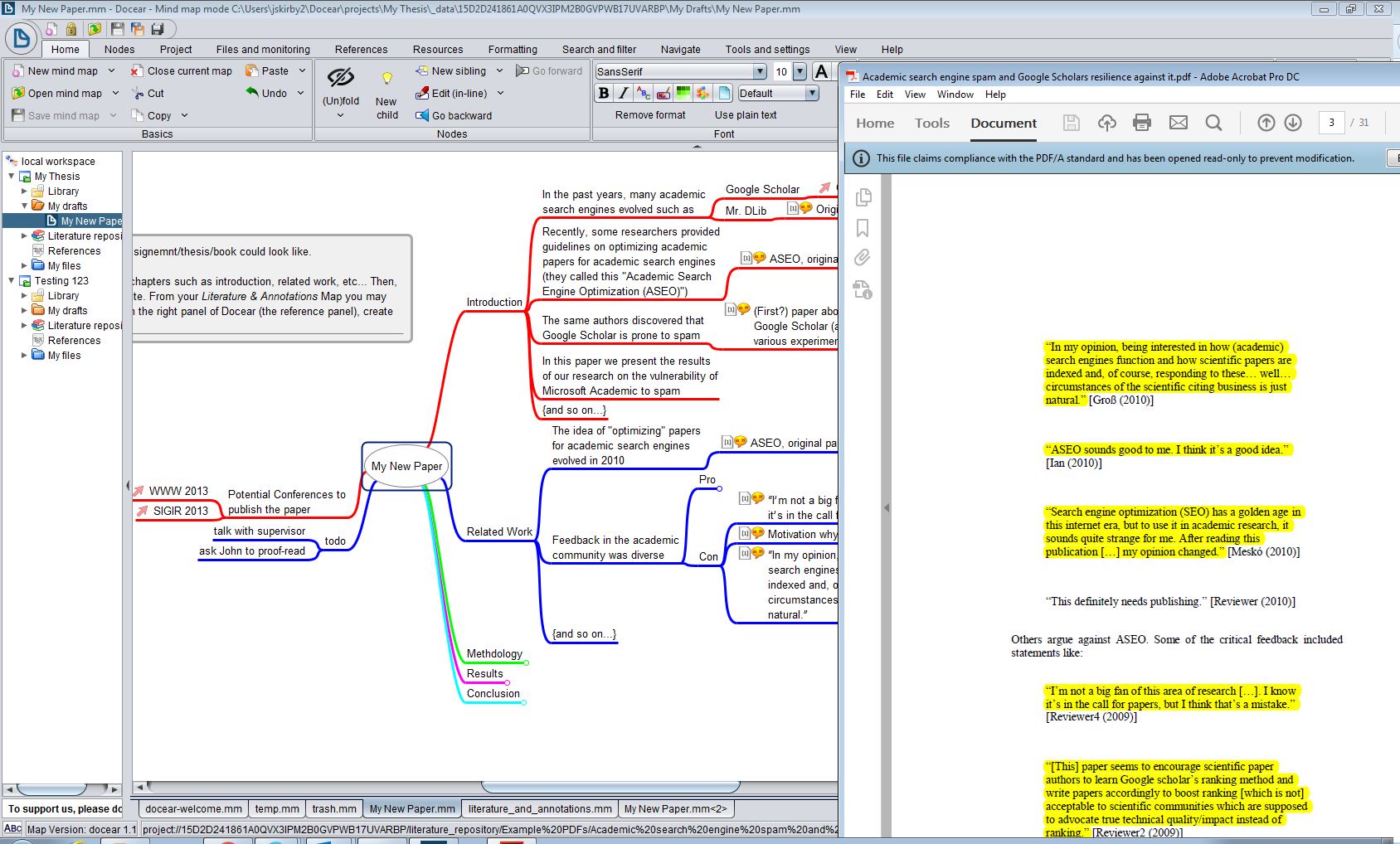 Docear paper demo mindmap showing linked annotated PDF